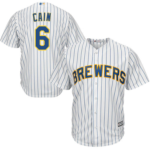 Brewers #6 Lorenzo Cain White(Blue Strip) New Cool Base Stitched MLB Jersey - Click Image to Close